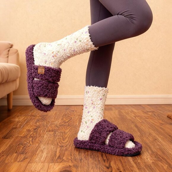 ⚡Women's Purple Fuzzy Open Toe Slipper Soft Comfy Memory Foam House Shoes - Picture 2 of 8